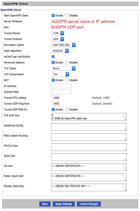 OpenVPN Client settings for DD-WRT Router